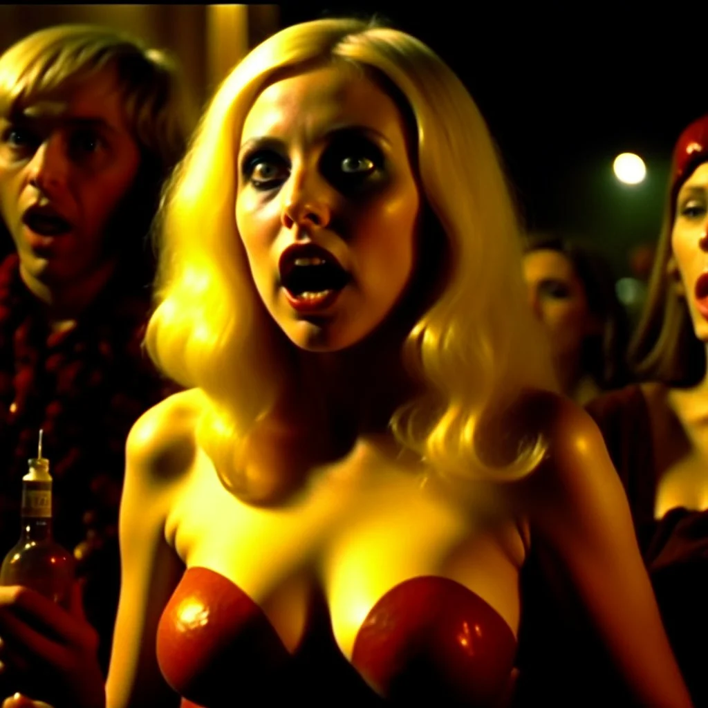 Horror movie shot, spooky, hot huge breit, ultra realistic, dine, ultra realistic hot blonde women, party, pieces of meat, organs, dynamism, very excited people, hypermaximalist figures, 1970's Italian horror movie, sinister,, Dario Argento, Stanley Kubrik, ornate, 4k, photorealism