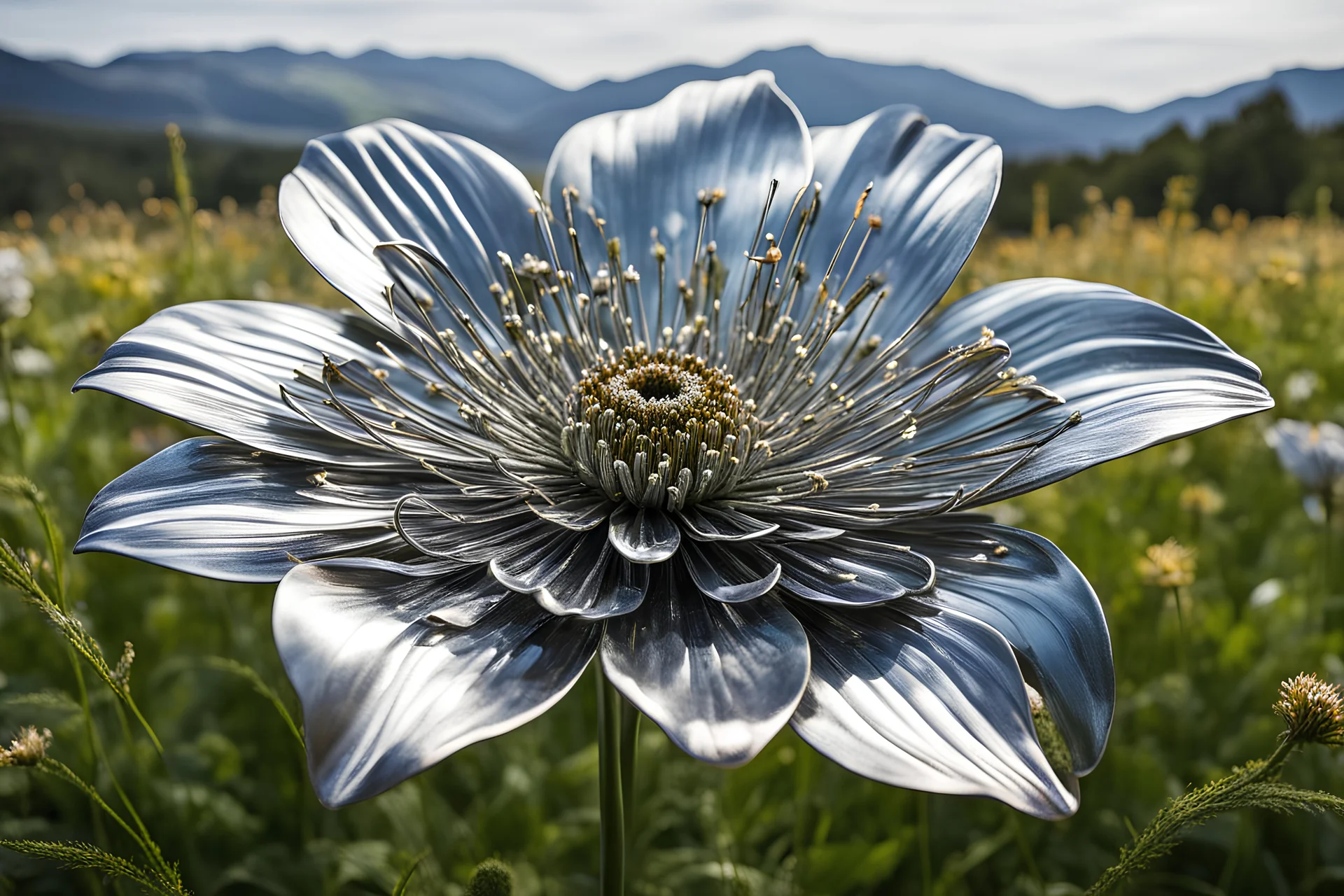 A lifelike thick metal chrome flower blooms amidst a serene meadow, its intricately woven petals and stem radiating realism and rich detail.