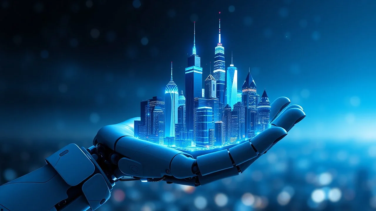 a huge modern city build on the open robotic hand ,blue sifi ,stars in dark night sky in blury background