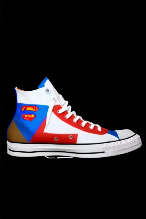 A converse sneaker, covered in a superman theme