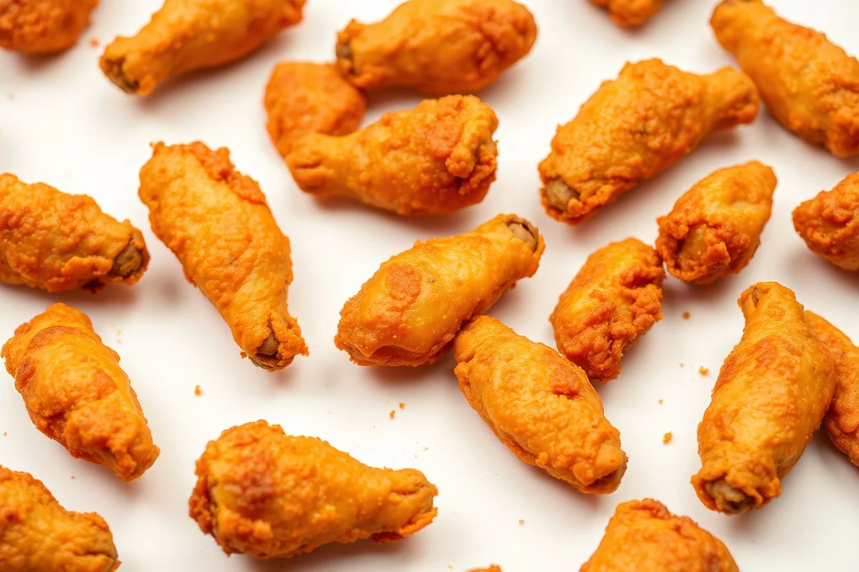 Southern fried chicken wings. The wings are golden brown and crispy, scattered across. The background is a plain white surface. The lighting is warm and inviting.