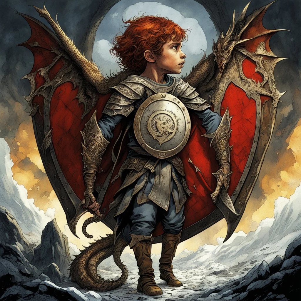 Game of Thrones aesthetic: a frail child struggles to hold up a large ornate red-white shield emblazoned with a dragon, by Dave Dorman and Don Maitz, color ink illustration, dark fantasy, shield-core, beautiful, dramatic, cinematic, stunning