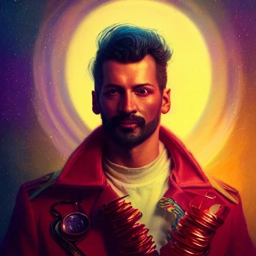 Arthur Kulkov, Russian, circus, ringleader, portrait, handsome, muscular, detailed matte painting, intricate detail, concept art portrait by Greg Rutkowski, mystical colors, Golden hour, colorful galaxy foreground, lisa frank fantasy, neon pastel color palette, beautiful colorful interesting detailed storybook fantasy