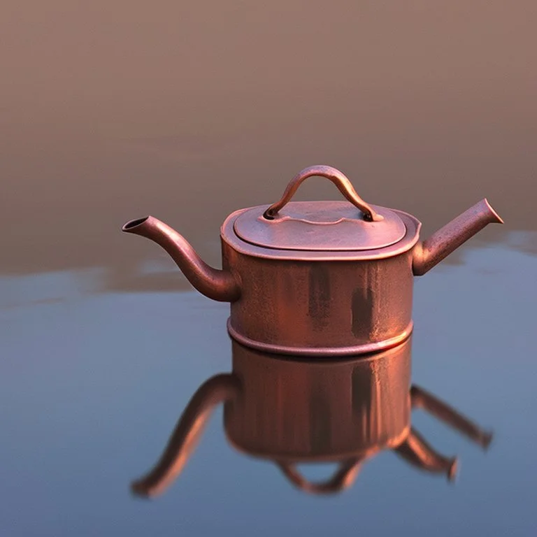 The reflection of a child on the surface of an old copper teapot