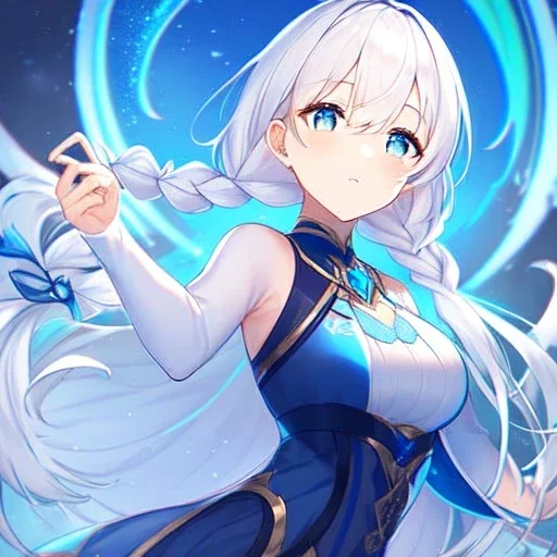 girl, masterpiece, best quality, volumetric lighting, detailed outfit, perfect eyes, white hair, blue eyes, long hair, twin braided ponytail,