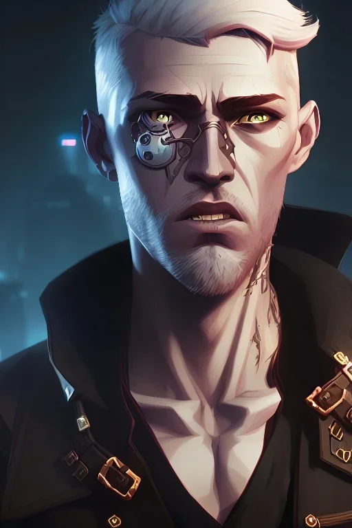 portrait, badass white man, eyepatch, short beard, short white hair, post-apocalyptic in a cyberpunk city, realistic, intriacte detail, sci-fi fantasy style, volumetric lighting, particales,highly detailed,cinamatic, deep colours,8k