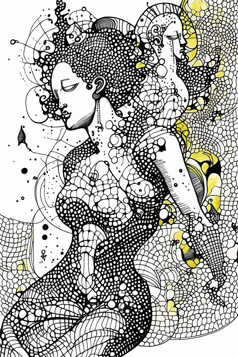 Ink drawing graphics venus excitante figures , line drawing, white background, negative space, splashes of soft colours hiperdetailed