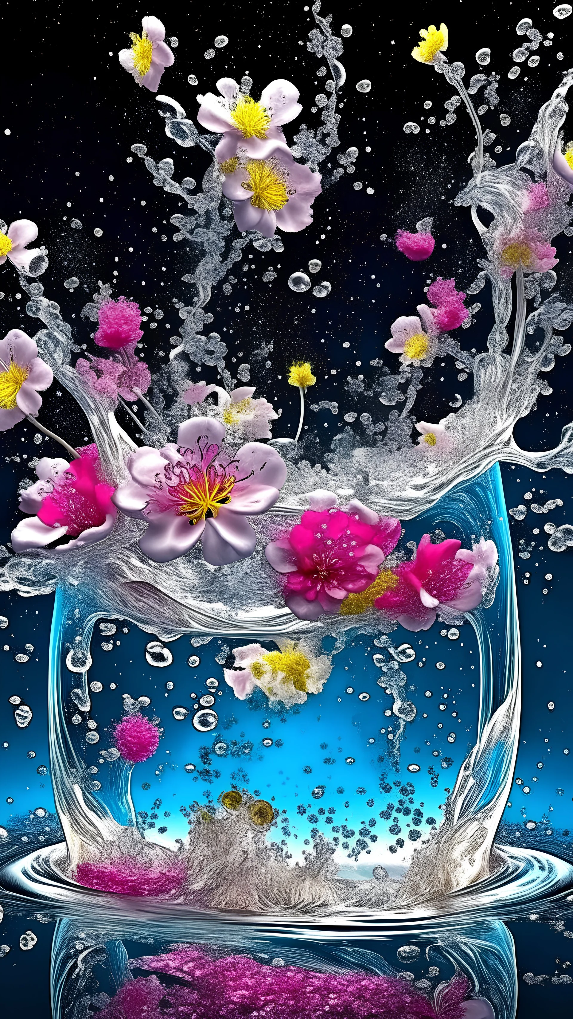 Purity transparency water splashing twisted with many little blooming flowers inside, surrealism