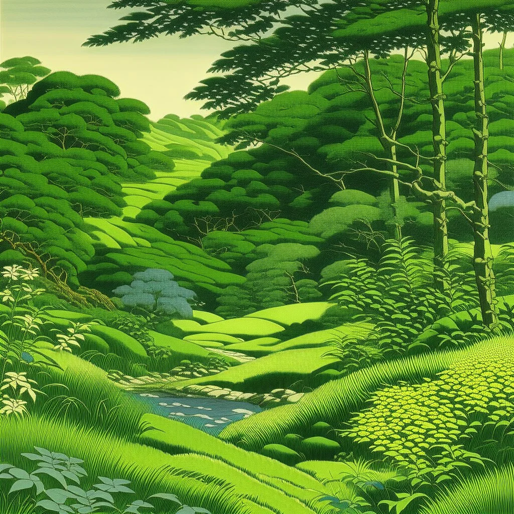 A green jungle near a wetland painted by Katsushika Hokusai
