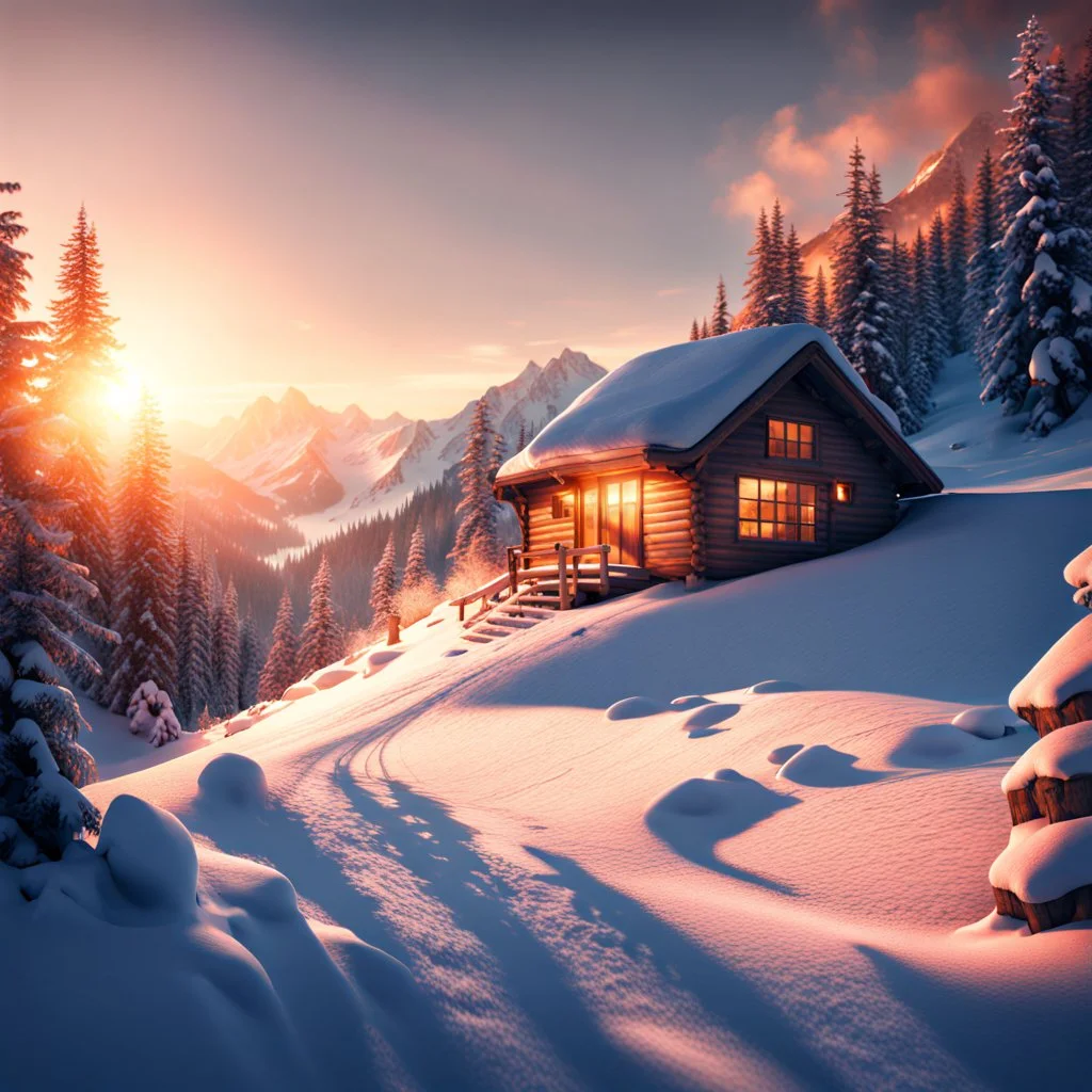 a cabin on a snowy mountain at sunset, a matte painting by Sebastian Spreng, shutterstock contest winner, photorealism, matte painting, anamorphic lens flare, creative commons attribution