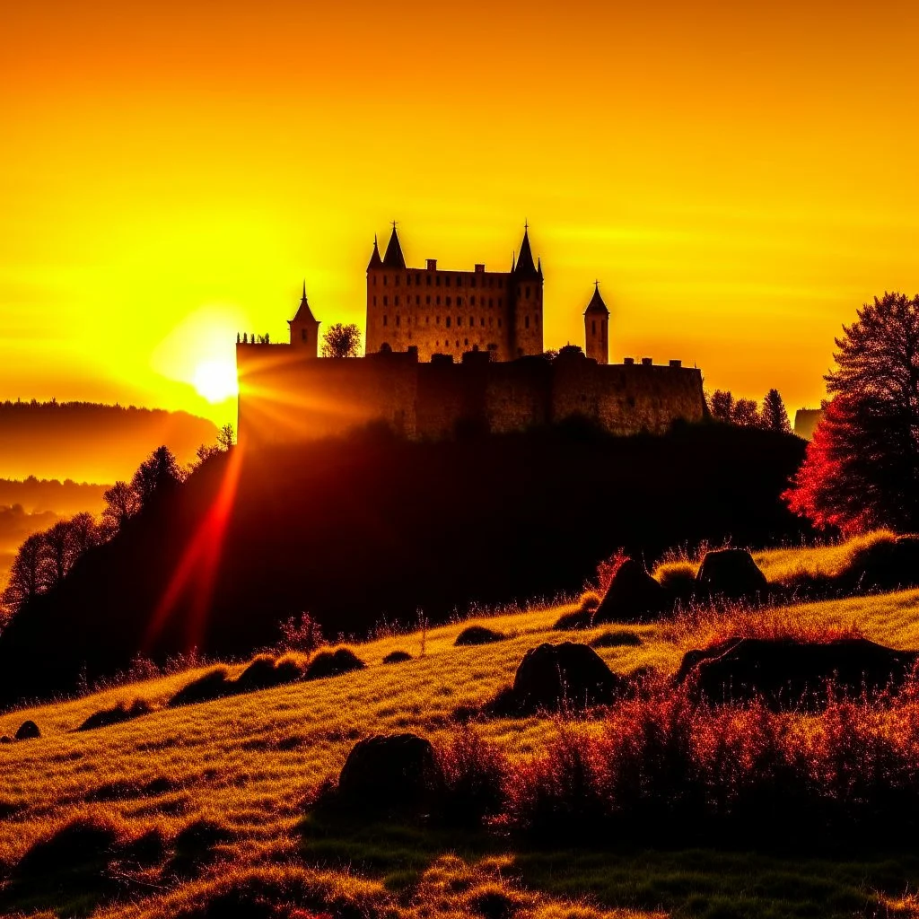 Silhouette of Czech castle ruins at sunset.