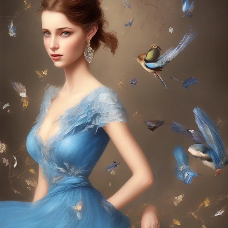 bueatiful woman in blue dress, bird