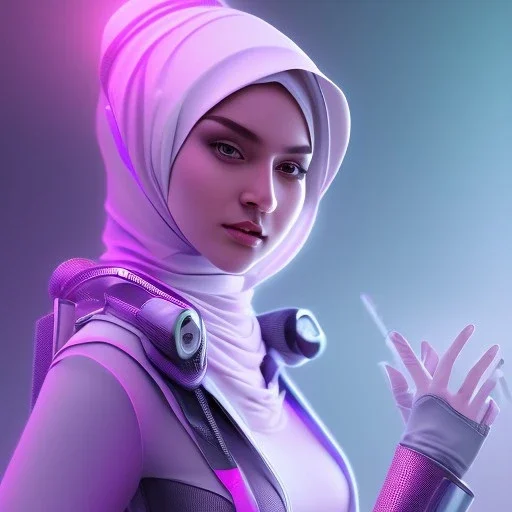 Cute girl face in hijab, Sci-fi character, purple backlight, pink and purple, scifi suit, profile, purple background, pink lighting