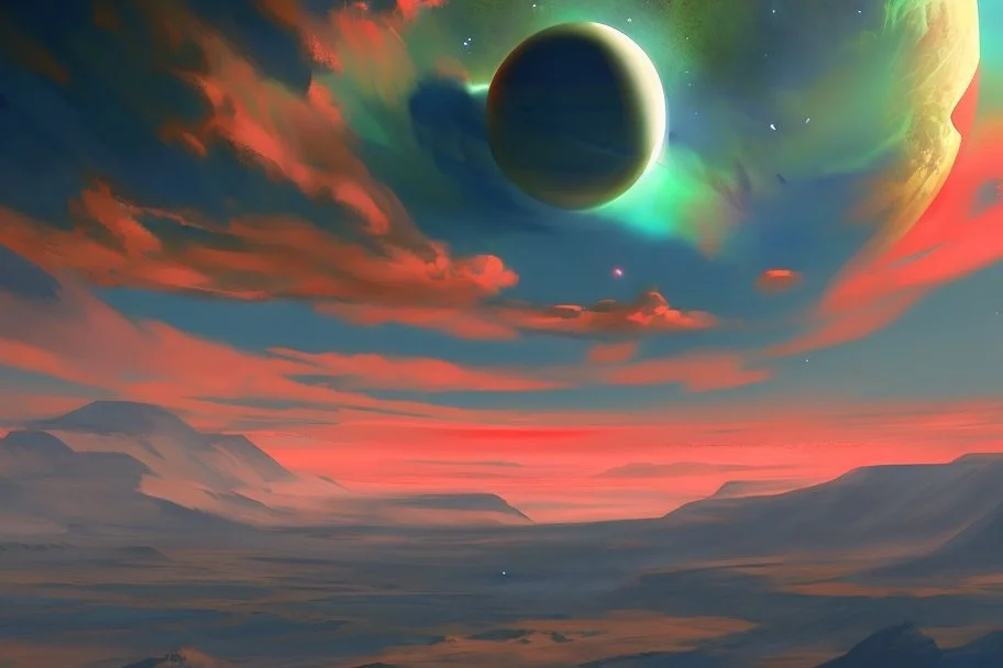 red exoplanet in the horizon, stars, stream, clouds, fantasy, sci-fi, hd.