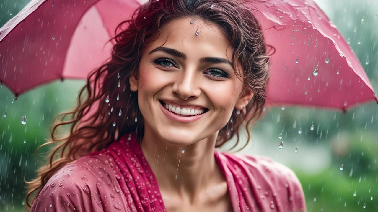 Hyper Realistic detailed Photographic-Close-Face-view of a happy smiling young beautiful Pashto woman happily-enjoying-&-whirling in rain with rain droplets on her beautiful face & wet hair, wearing-pink-dress-&-maroon-embroidery in a green-garden at rainy-day with cloudy-weather showing dramatic & cinematic ambiance.