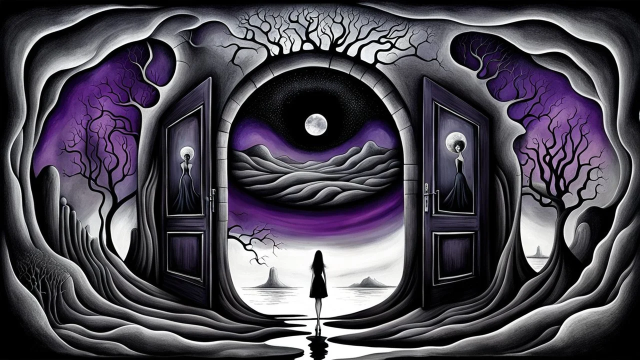 painted inner world with neurodivergens mind and soul, floating doors over surreal cracked weird landscape . an alone woman of black shilutte in big fade neuoron web. deep dark colors, dark purple, gray, with silver and black. Whimsical strange style of Chagall, of LORI EARLEY and of Anton Semenov. weird absurd beauty nightmare, black shadows, in background cyber neuronic network, surreal vibe,