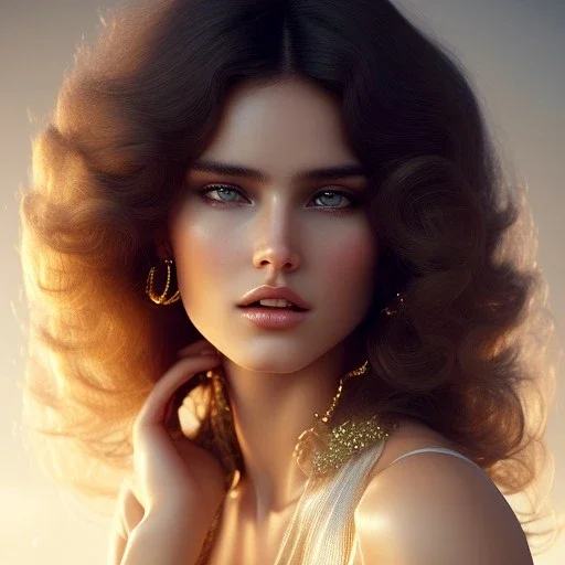 1970's sexy porno model , cute, angelic face with minor blemishes, beautiful, long flowing hair, wavy hair, curly hair، black eyes, head and shoulders portrait, cinematic, 8k, resolution concept art portrait by Greg Rutkowski, Artgerm, WLOP, Alphonse Mucha dynamic lighting hyperdetailed intricately detailed, bokeh, Stunning 8k ektar film scan