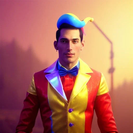 circus, ringleader, Arthur Kulkov, front, handsome, muscular, male, Russian, buff, fantasy, anime, at dawn by atey ghailan, mystical colors, Golden hour, Lisa Frank fantasy