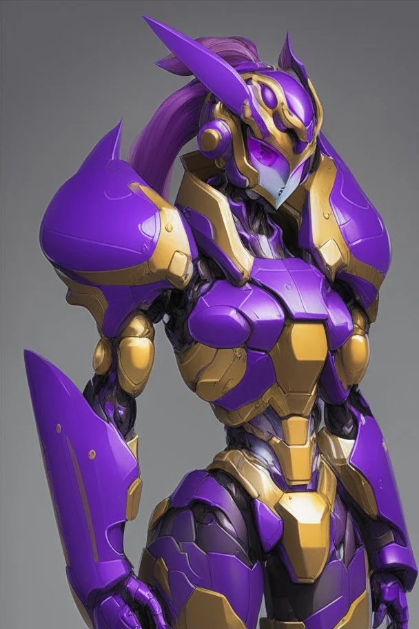 One Genderless Cyborg made of metal, has a human like face with a really long violet ponytail, the armor is similar to Omega from Megaman. The color palatte of the armour is deep purple and yellow.