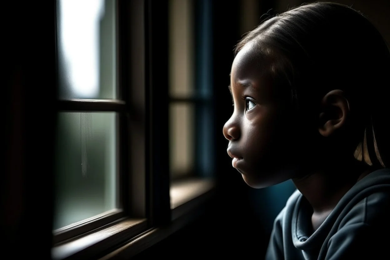 An 11-year-old girl looks out of a window inside the classroom, her hand is not visible, dark-skinned