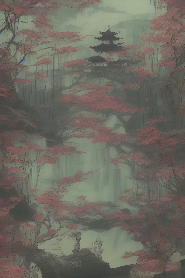 Somber Japanese garden in art nouveau style