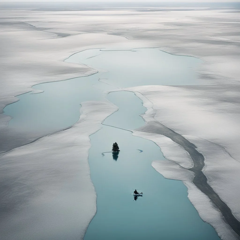 A captivating hyper minimalist photograph from a helicopter looking down on a large barren ice-covered lake, in the distance is a man sitting in a chair ice fishing. The overall color palette is muted, the flat treeless landscape stretches out in a long shot, creating a sense of isolation and desolation