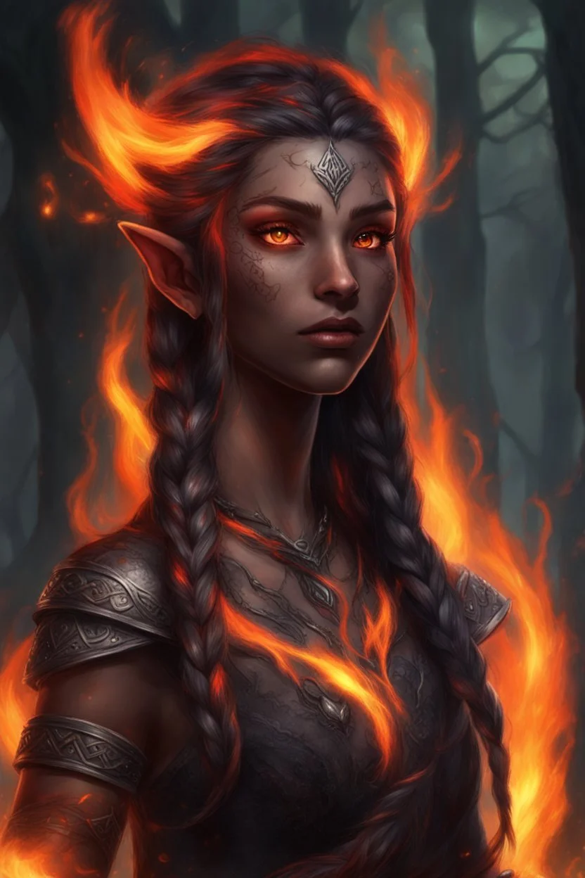 Fire Eladrin druid female. Hair is long and bright black part glows. Part of hair is braided and fire comes out from it. Big bright red eyes. Is generating fire with her hands and fire are coming our off them . Skin color is dark. Has a many big scar on face.