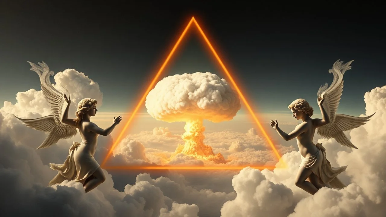 a nuclear explosion cloud(middle) framed in a triangle, the wind and smoke from the explosion forming shapes of dancing women with small angel wings(left and right foreground) like cherubs in the clouds, religiose art
