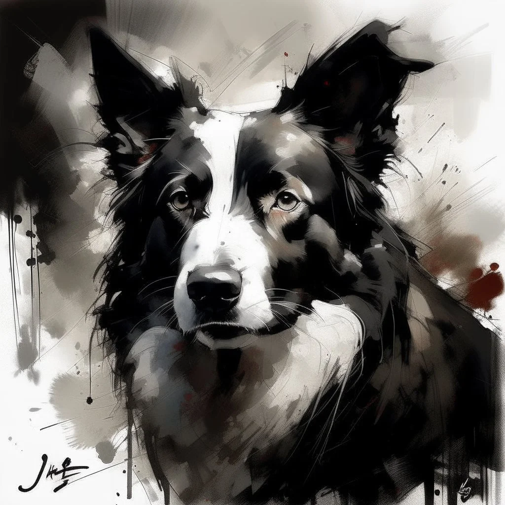 Border collie with gentle expression in the style of Willem Haenraets, Yoji Shinkawa, Guy Denning, Florian Nicolle