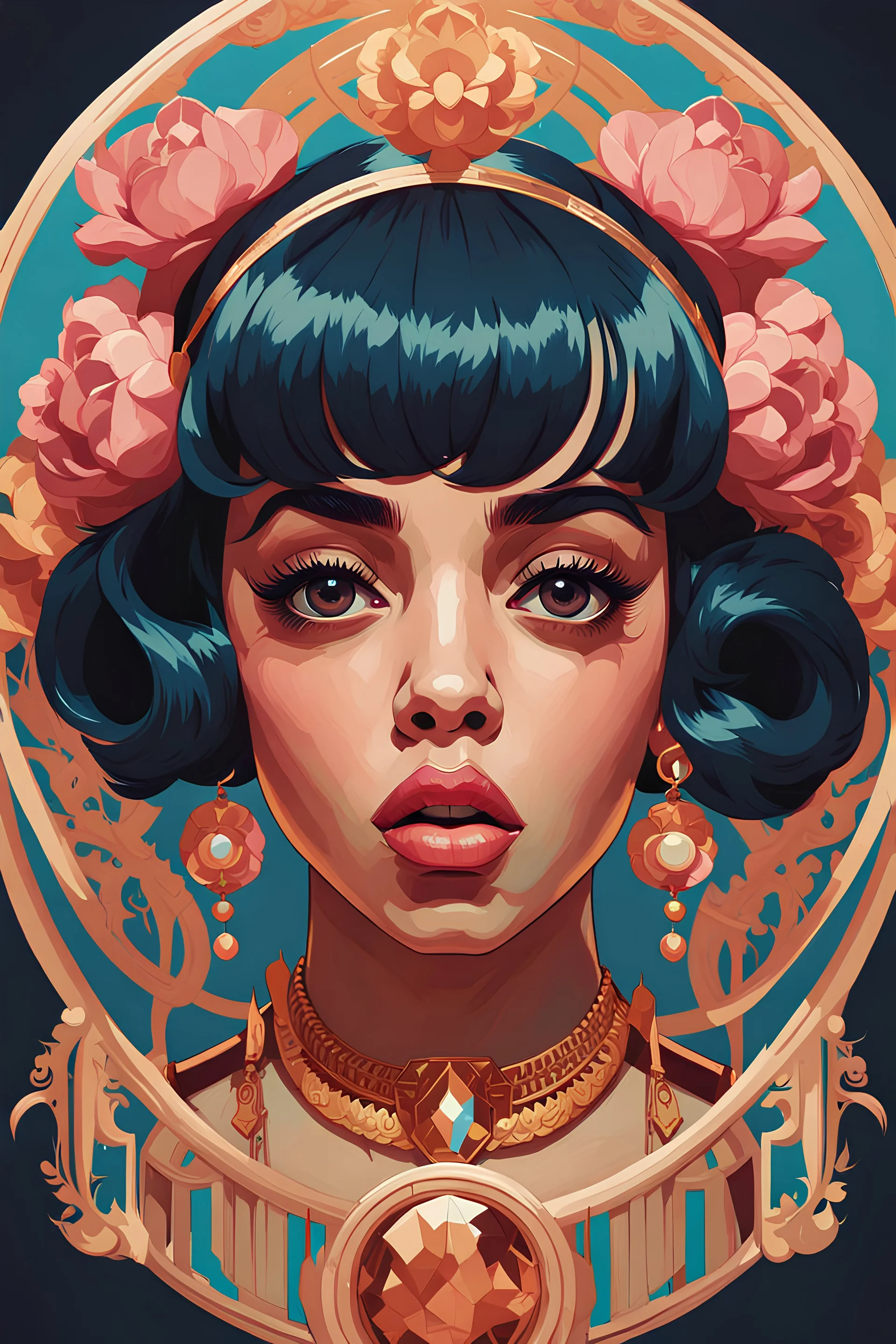 A beautiful portrait painting of a Singer Melanie Martinez face by Pascal Blanche and Sachin Teng and Sam Yang and Greg Rutkowski, in style of colorful comic. symmetry, hyper detailed. octanev render. trending on artstation