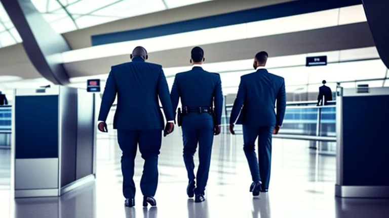 2 security officers escort upset man in suit away from airport lounge