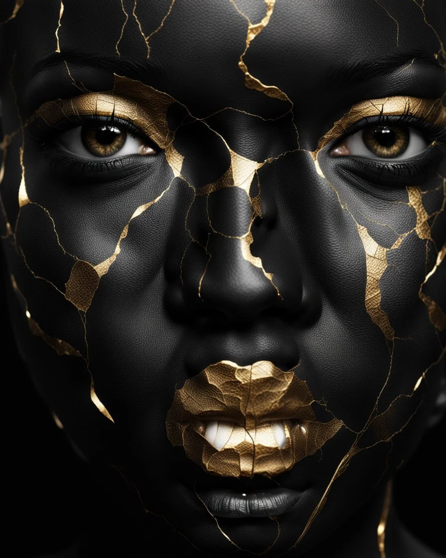 a beautiful black woman face made of kintsugi seam, photo realistic, 16K