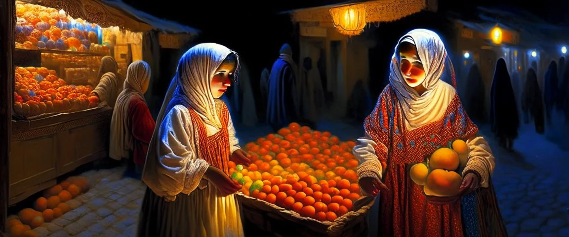 A full-length Palestinian girl wearing an embroidered dress and a white embroidered shawl buys oranges from an old seller wearing a keffiyeh in the market of Jerusalem, 100 years ago, at night with multi-colored lights reflecting on her.