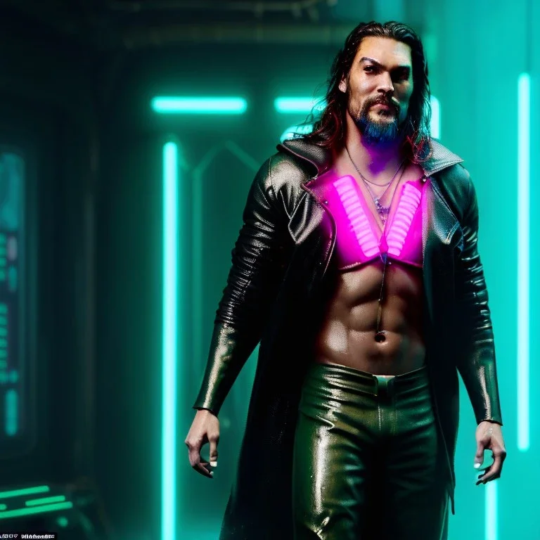 Actor, jason momoa, blade runner style, rain, fog, neon ambient, gradient color, clean skin, circuits, latex coat, cyber punk, neon, tubes, portrait, photo studio, unreal engine 5, smooth color, 16 bit, god lights, ray tracing, RTX, lumen lighting, ultra deatail, volumetric lighting, 3d, finely drawn, hd.