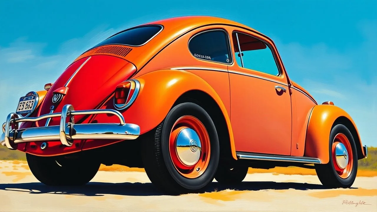 Realistic oil painting of a classic Volkswagen Beetle, by Ken Eberts and Edward Hopper, (long shot), vibrant colors, intricate details of the car's design, clear blue sky in background.