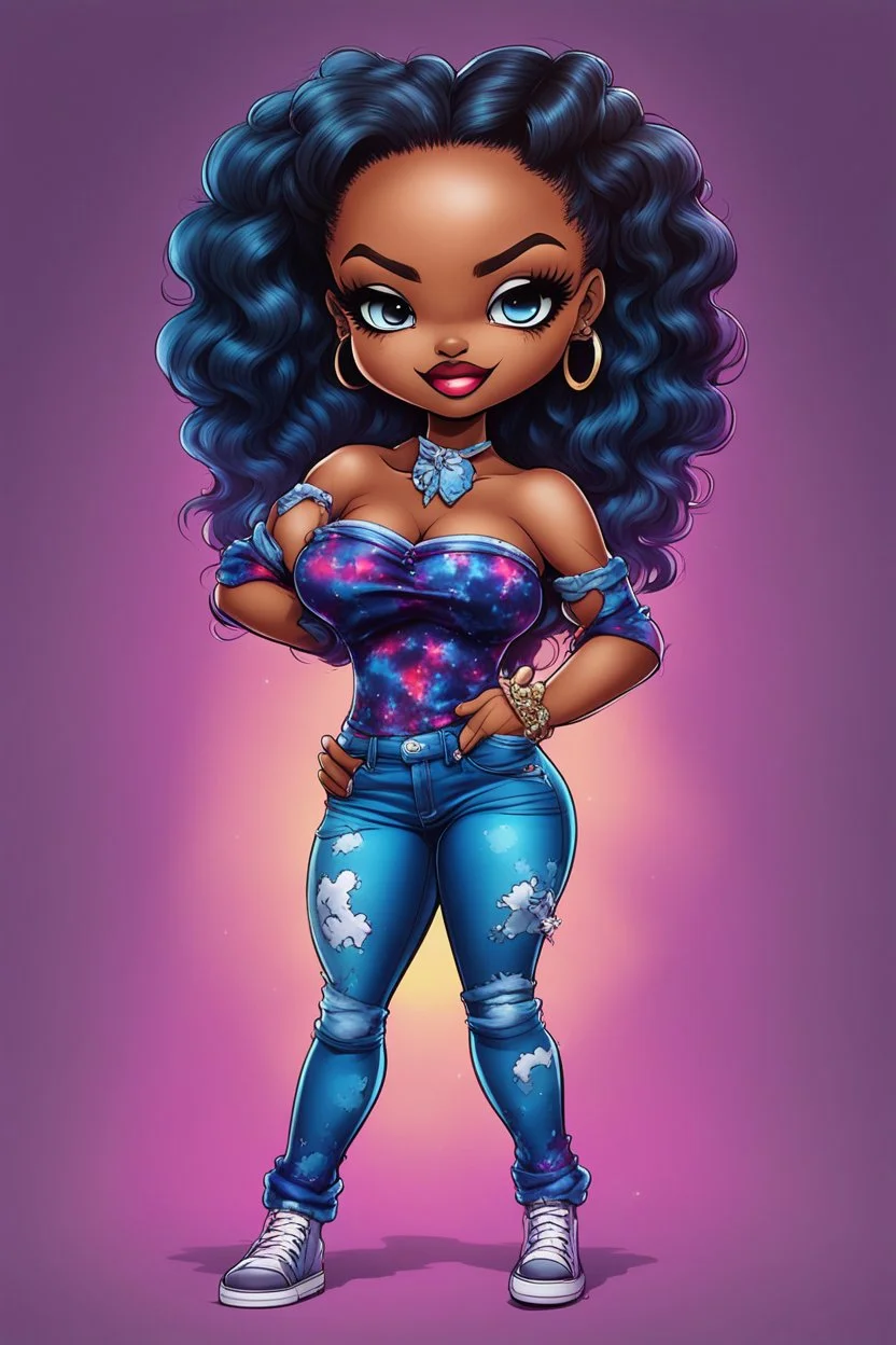 vibrant psychedelic comic book image, airbrush, 48k, cartoon art of a chibi curvy black female wearing torn jeans pants and a sapphire tie dye off the shoulder blouse. Prominent make up with lush lashes. Highly detailed sleek wavy ponytail