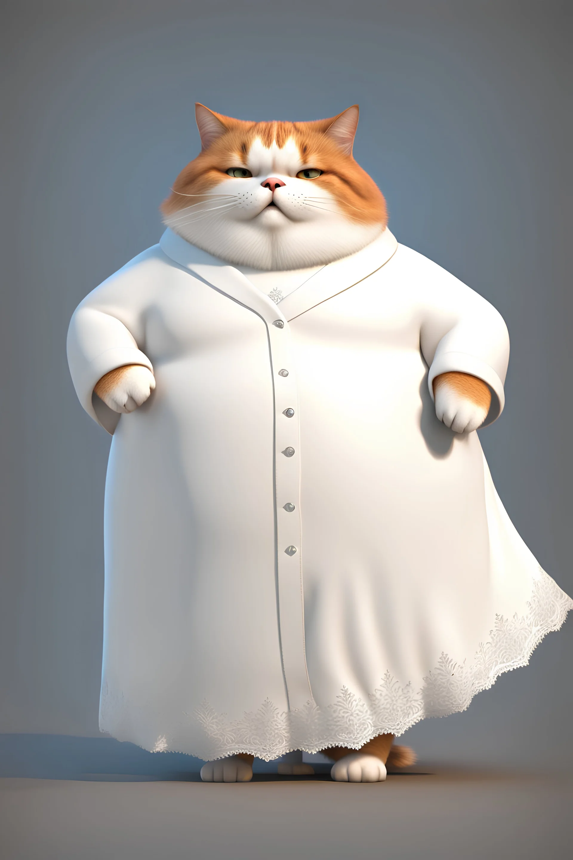 A fat cat spoiled cat in an expensive white thick night gown, yawny,3d animation ,funny