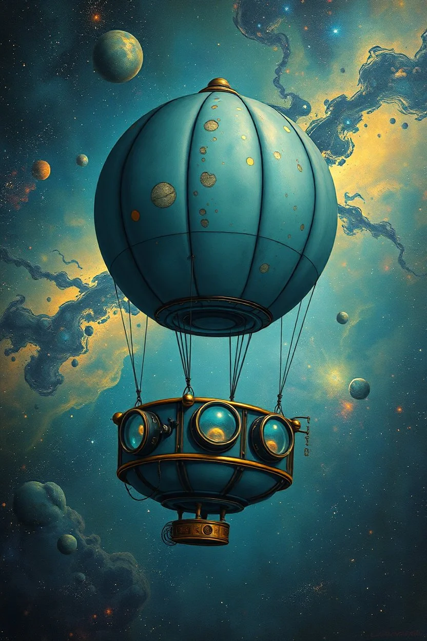 Bosch painting style of scifi steampunk stratospheric aerostat balloon large travelling through nebula in the style of moebius and dune futuristic , dark teal metallic basket with glass portholes