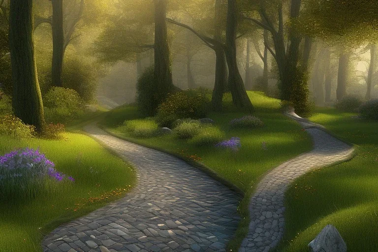  winding stone path lit river