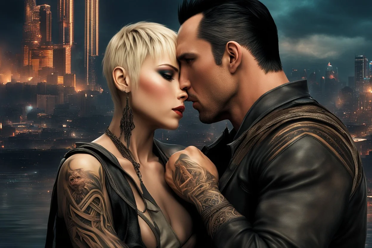 Jason David Frank short dark hair with tribal tattoos hugging pretty blonde shorthaired girl crying, photo realistic, modern dark fantasy, cityscape