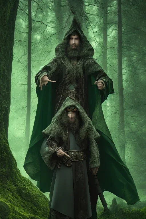 A wizard in a dark cloak, using magic, green magic, woods, forest background, dark scene, dramatic lighting