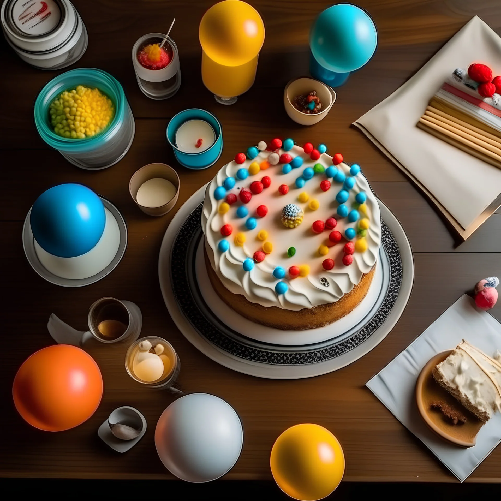tavola apparecchiata con torta di compleanno vista dall'alto