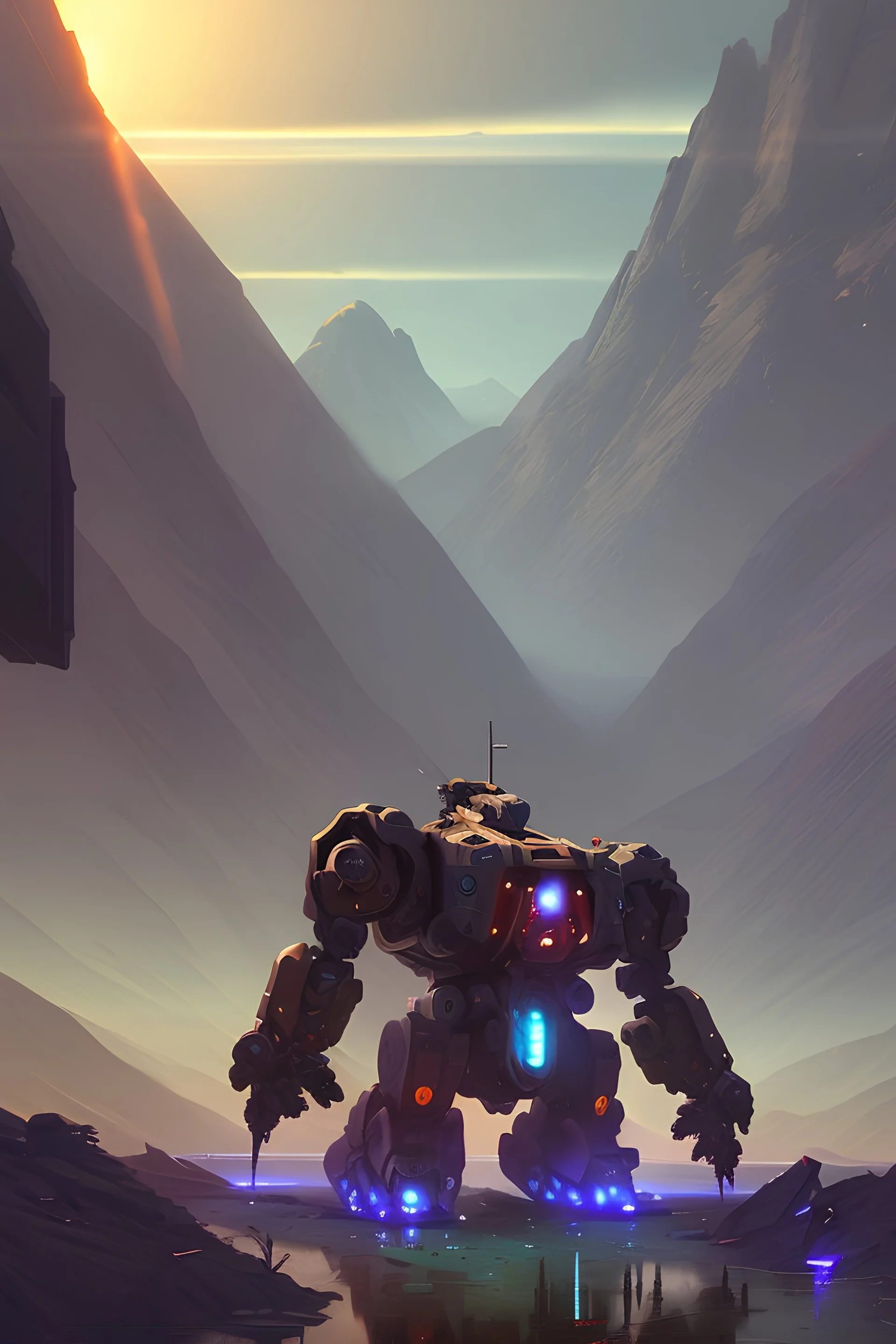 Huge Mech, landscape, mechanic, by Daniel Graffenberger, Irina French, Dan Mumford, and Vincent Di Fate, hyperdetailed, trending on Artstation, VRay, expansive, 8K resolution, subtractive lighting, romanticism, retrofuturism, manga, 8k, peaceful