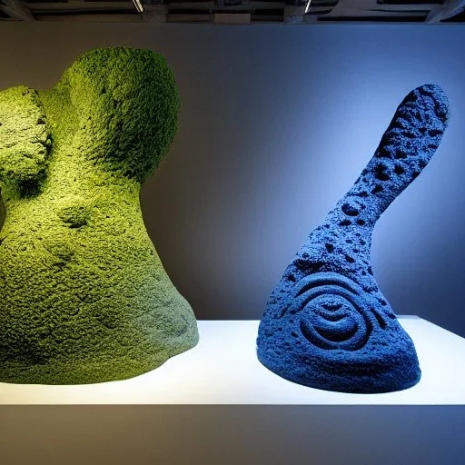 biomorphic structure ,fictional archeology sculptures ,bioluminescence, centrepiece,interior design, LVMH, media division, art gallery environment, Amsterdam, GALERIE RON MANDOS ,refined details,utopic environment, zen garden backround , masterpiece of Daniel Arsham