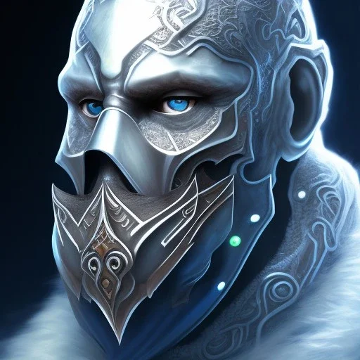 Man , in Blue Medieval Robes, Blue glowing eyes, Ice , slender built , metal mask covering his mouth