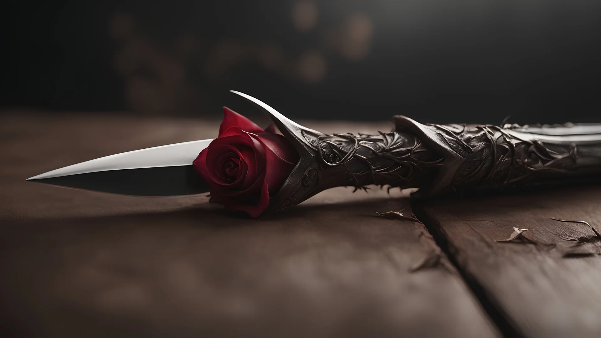 photoreal magnificent thorned dagger with rose thorns along the blade by lee jeffries, otherworldly, in the style of fantasy movies, photorealistic, shot on Hasselblad h6d-400c, zeiss prime lens, bokeh like f/0.8, tilt-shift lens 8k, high detail, smooth render, unreal engine 5, cinema 4d, HDR, dust effect, vivid colors