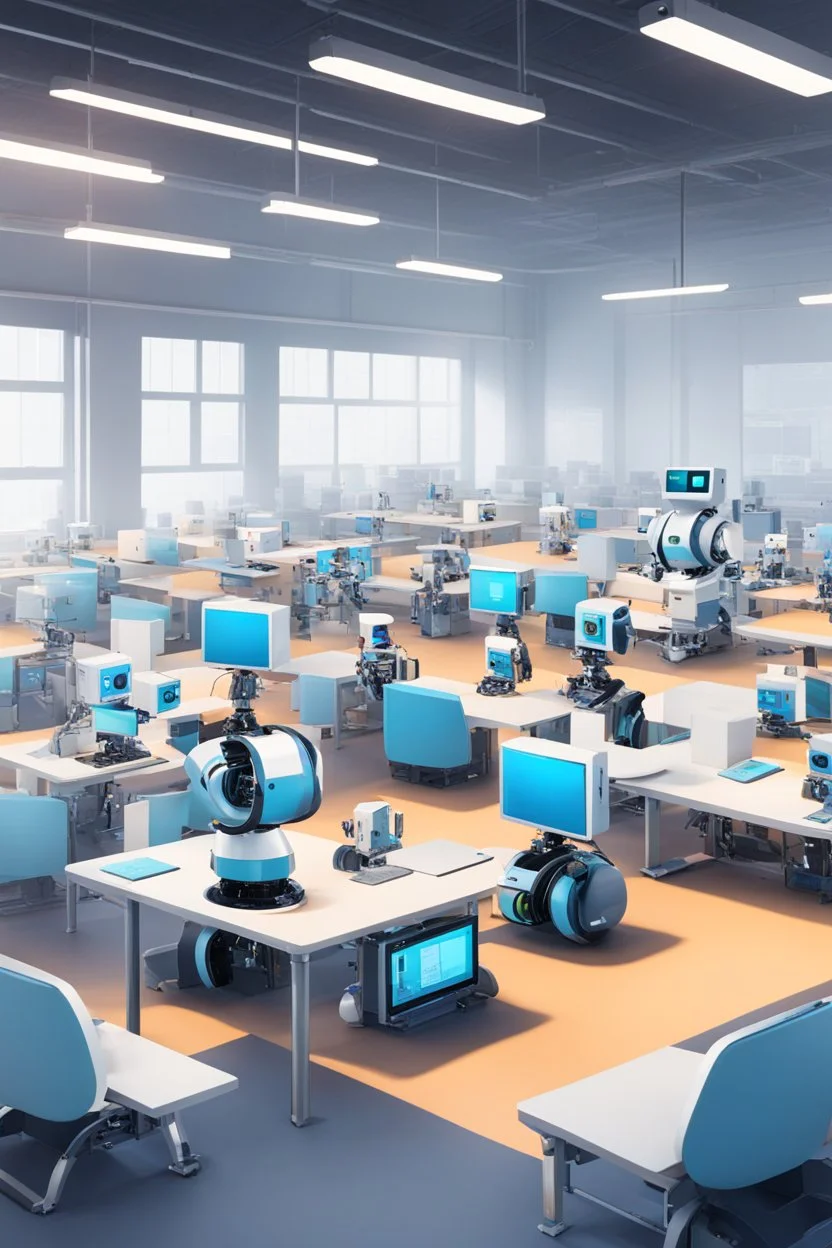 a robot teacher in a classroom with a lot of different student robots. The main robot distribute work amongst smaller robots and computers in the factory