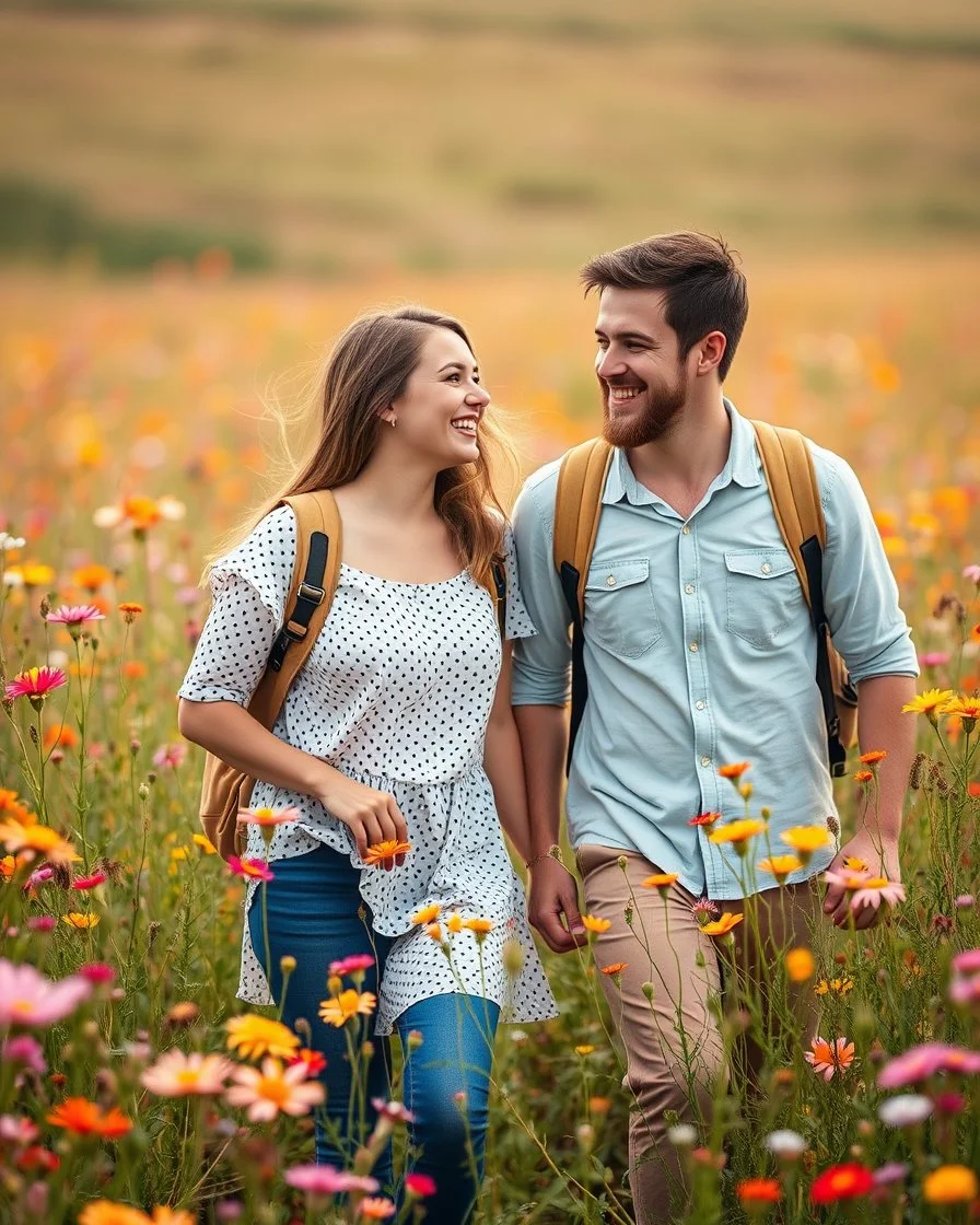 young sweet couple bagpacker happy walking and smiling in Realistic photography of a field of wildflowers, soft natural lighting, vibrant colors, intricate details,peaceful and serene atmosphere.