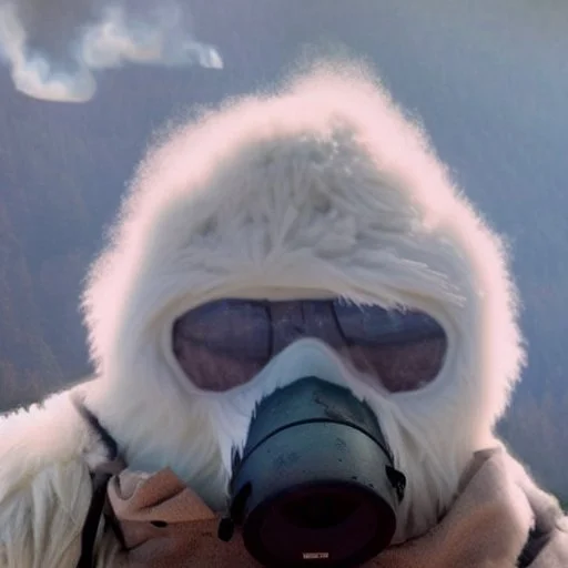 subject = (Yeti in a mask) background = (wildfires, mountains, fires, smoke, disaster)