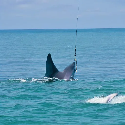 barco pescador de vela con un delfin al lado